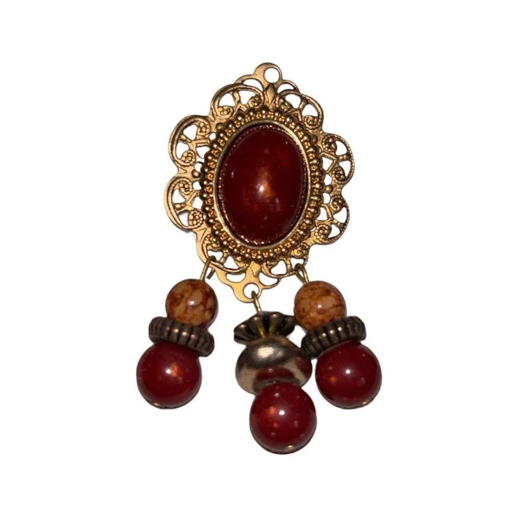 Vintage Style Burgundy Cabochon Filigree Drop Earrings Antique‎ Gold Tone Boho